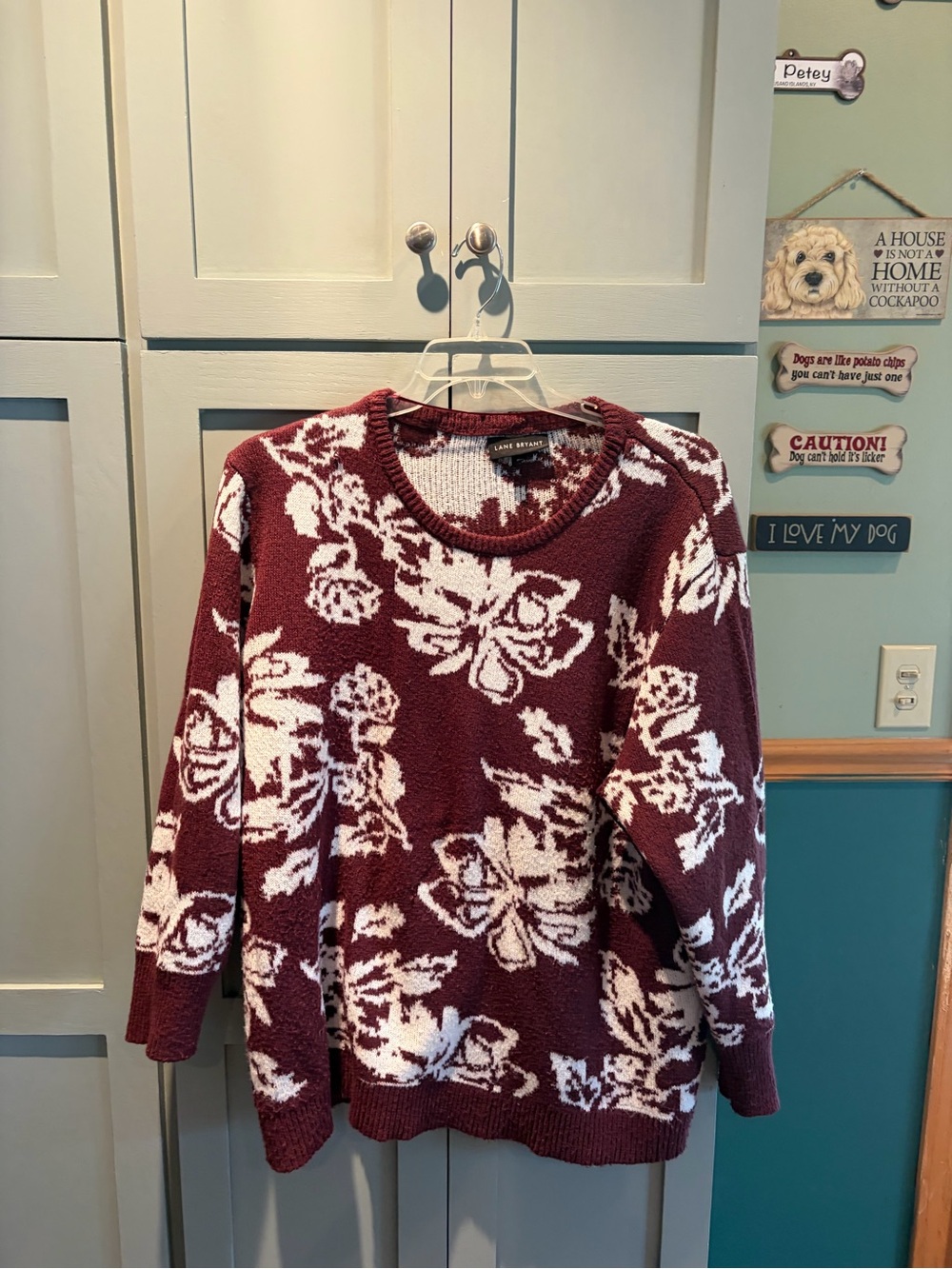 Lane Bryant Maroon and White Floral Crewneck Sweater